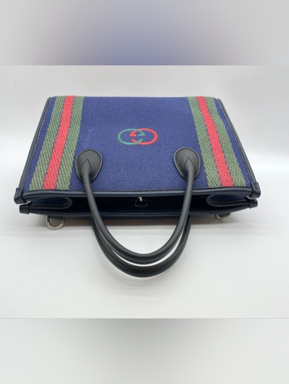 SALE! Authentic Gucci Interlocking G Sherry Line Cotton Leather Navy Tote W/DB - Picture 5 of 17